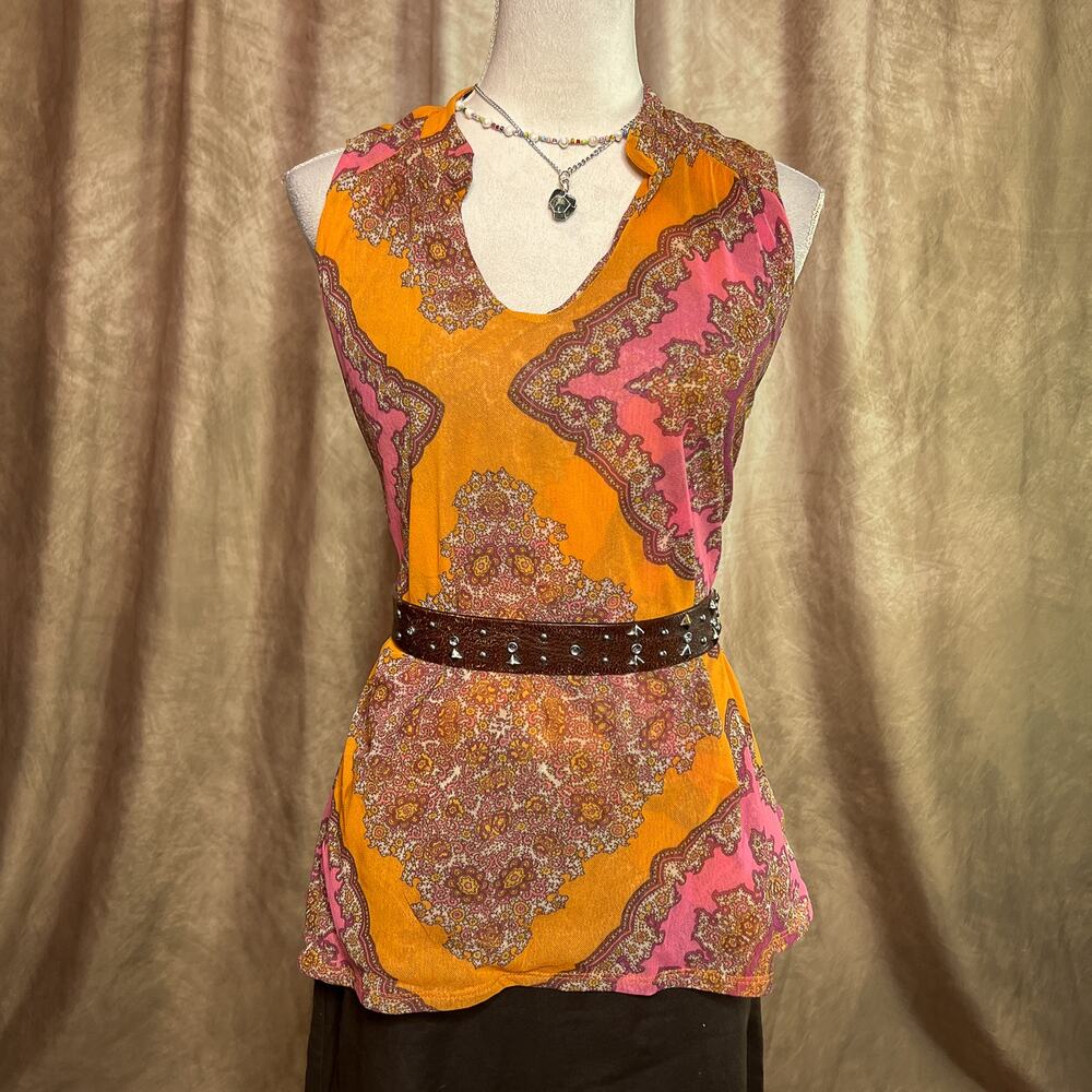 Vintage Y2K Mesh Top Paisley Pattern Sleeveless Orange Pink V Neck Boho Euro